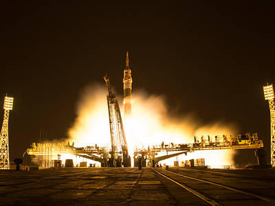 In this one second exposure photograph, the Soyuz MS-03 spacecraft is seen launching from the Baikonur Cosmodrome with Expedition 50 crewmembers NASA astronaut Peggy Whitson, Russian cosmonaut Oleg Novitskiy of Roscosmos, and ESA astronaut Thomas Pesquet from the Baikonur Cosmodrome in Kazakhstan, Friday, Nov. 18, 2016, (Kazakh time) (Nov 17 Eastern time). Whitson, Novitskiy, and Pesquet will spend approximately six months on the orbital complex. Photo Credit: (NASA/Bill Ingalls)